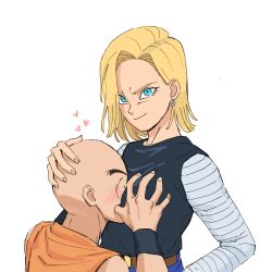 1boy 1girl absurdres accidental_pervert android_18 bald between_breasts blonde_hair blue_eyes blush breasts couple dragon_ball dragonball_z earrings face_to_breasts grabbing grabbing_another&#039;s_breast grin happy head_between_breasts heart highres husband_and_wife jewelry kuririn looking_at_viewer medium_breasts short_hair smile standing tagme white_background  rating:Sensitive score:34 user:Dap5052