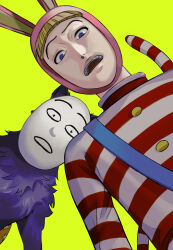  2boys animal_hat blonde_hair blunt_bangs bodysuit dutch_angle from_below frown furry furry_male green_background hat highres kedamono_(popee_the_performer) looking_at_viewer looking_down male_focus mask multiple_boys open_mouth popee_(popee_the_performer) popee_the_performer purple_eyes purple_fur rabbit_hat red_bodysuit short_hair shoulder_strap simple_background striped_bodysuit tada_(anuanu134) wolf_boy 