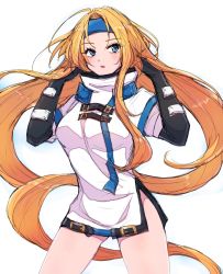  1girl :o bare_legs blonde_hair blue_eyes blush chemaru_(a8l) guilty_gear guilty_gear_x guilty_gear_xx hand_in_own_hair headband long_hair millia_rage open_mouth simple_background solo thighs white_background  rating:Sensitive score:6 user:danbooru