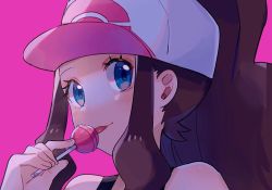  1girl bare_shoulders baseball_cap black_vest blue_eyes blush brown_hair candy creatures_(company) eating eyelashes food game_freak hand_up hat high_ponytail hilda_(pokemon) holding holding_candy holding_food holding_lollipop licking lollipop long_hair looking_to_the_side nintendo pink_background pink_hat pokemon pokemon_bw ririmon sidelocks simple_background solo tongue tongue_out two-tone_headwear upper_body vest white_hat  rating:Sensitive score:13 user:danbooru