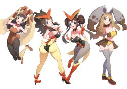  4girls absurdres animal_ears arm_behind_back arm_behind_head ass backless_outfit bare_shoulders black_eyes black_hair black_leotard black_pantyhose blue_eyes breasts brown_gloves brown_hair brown_leotard brown_skirt brown_tube_top cleavage collarbone cosplay cowboy_shot creatures_(company) dawn_(pokemon) detached_collar diggersby diggersby_(cosplay) double_v doughnut_hair_bun fluffy_hair from_behind full_body game_freak gen_4_pokemon gen_5_pokemon gen_6_pokemon gloves gonzarez grey_pantyhose grey_thighhighs hair_bun high_ponytail highres hilda_(pokemon) jumping large_breasts legendary_pokemon leotard long_hair looking_at_viewer lop_rabbit_ears lopunny lopunny_(cosplay) medium_breasts multiple_girls mythical_pokemon navel necktie nintendo one_eye_closed orange_gloves orange_leotard panties pantyhose playboy_bunny pokemon pokemon_bw pokemon_bw2 pokemon_dppt pokemon_xy rabbit_ears rabbit_pose rabbit_tail rosa_(pokemon) serena_(pokemon) sidelocks simple_background skirt standing strapless tail thighhighs tube_top underwear v victini victini_(cosplay) white_background yellow_panties yellow_tube_top 