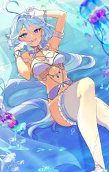  1girl absurdres alternate_costume arm_scrunchie arm_up armpit_crease bead_bracelet beads blue_background blue_eyes blue_hair bra bracelet breasts commentary cowlick drop-shaped_pupils feet_out_of_frame fish furina_(genshin_impact) garter_belt genshin_impact gloves half_gloves hands_up heterochromia highres jellyfish jewelry knee_up light_blue_hair lingerie long_hair looking_at_viewer lying medium_breasts on_back open_mouth solo strapless symbol-shaped_pupils teeth thighhighs tube_top underwear upper_teeth_only very_long_hair water wavy_hair white_bra white_garter_belt white_gloves white_thighhighs yun-yang 