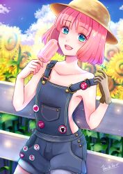  1boy androgynous blue_sky blush catherine:_full_body catherine_(game) flower food gloves green_eyes hat highres holding indoors male_focus naked_overalls open_mouth overalls pink_hair popsicle rin_(catherine) short_hair sky smile solo sunflower trap vanilla_tea-er 