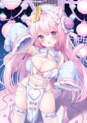  1girl animal_ears arm_up armpits bare_shoulders belt blue_shirt breasts bun_cover cat_ears cat_girl cat_tail cleavage cleavage_cutout clothing_cutout detached_sleeves double_bun frilled_sleeves frills hair_bun hair_ornament hairclip hand_up hat heart high_heels highres kneeling lantern large_breasts long_hair long_sleeves looking_at_viewer midriff momochi_chia multiple_belts navel ofuda one_side_up original paper_lantern pelvic_curtain pink_footwear pink_hair purple_eyes qingdai_guanmao revealing_clothes shirt sleeveless sleeveless_shirt sleeves_past_wrists smile solo stomach tail thighhighs thighs tongue tongue_out very_long_hair white_thighhighs  rating:Sensitive score:21 user:danbooru
