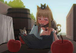 1girl animal animal_ears apple assertive_female bad_id bad_pixiv_id bestiality blush bottomless breasts brown_hair clothes_lift cowgirl_position dog drooling enekk eye_contact fang food french_kiss fruit girl_on_top holding_hands happy_sex holo intertwined_tails kiss long_hair looking_at_another nipples no_bra open_mouth outdoors oxxo_(dlengur) pouch pubic_hair puffy_nipples puppy red_eyes saliva sex shirt_lift sky slit_pupils small_breasts smile solo_focus spice_and_wolf straddling sweat tail tongue tongue_out vaginal wolf_ears wolf_tail rating:Explicit score:188 user:danbooru