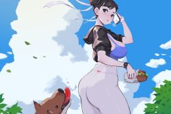 1girl absurdres apple_watch ass blue_sky blue_sports_bra breasts brown_hair capcom casual cellphone chimjoljol_(cute_goblin) chun-li cleavage cloud cloudy_sky commentary covered_erect_nipples day dog double_bun food from_behind hair_bun hair_ribbon high-waist_pants highres holding holding_phone large_breasts looking_back nike_(company) outdoors pants phone ribbon sandwich sky smartphone smartwatch solo_focus sports_bra standing strap_gap street_fighter talking_on_phone thick_thighs thighs tight_clothes tight_pants watch wristwatch yoga_pants rating:Questionable score:69 user:danbooru