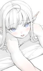 1girl absurdres ahoge bare_arms bare_shoulders bingwei_huang blue_eyes blush breasts camisole collarbone dot_nose elf furrowed_brow hair_intakes highres long_hair looking_at_viewer lying monochrome on_bed on_stomach open_mouth original pillow pointy_ears sidelocks sketch solo spaghetti_strap spot_color teeth tsurime upper_teeth_only rating:Sensitive score:41 user:danbooru