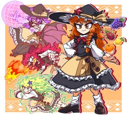 1girl :q amerika_zarigani azusa_(cookie) black_headwear black_skirt black_vest blonde_hair blue_eyes bow bowtie braid breath_weapon breathing_fire brown_footwear buttons closed_mouth commentary_request cookie_(touhou) dragon_fruit dragon_girl dragon_wings electricity fire flat_chest food frilled_skirt frills fruit full_body glasses grapes hair_bow hat hat_bow highres holographic_interface kirisame_marisa lemon loafers long_hair looking_at_viewer medium_bangs open_mouth orange_(fruit) orange_eyes orange_hair purple_eyes purple_hair red_bow red_bowtie red_eyes red_hair red_nails red_star shirt shoes single_braid skirt skirt_set smile socks standing star_(symbol) tongue tongue_out touhou turtleneck vest white_bow white_shirt wings witch_hat