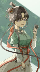  1girl :d absurdres black_eyes black_hair breasts chinese_clothes chinese_hairpin cup dipper facial_mark forehead_mark green_background green_shirt hair_bun hair_ornament hair_over_shoulder hand_up hanfu highres holding holding_cup jiu_niangzi layered_sleeves long_hair long_skirt long_sleeves looking_at_viewer natsugu72 necktie open_mouth parted_bangs red_shawl reverse:1999 shawl shirt short_over_long_sleeves short_sleeves single_side_bun skirt smile solo tassel tassel_hair_ornament two-tone_background upper_body white_background white_sleeves yellow_skirt 