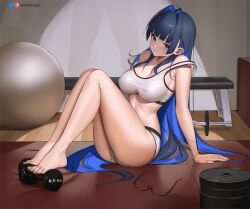  1girl artist_name ass bare_legs bare_shoulders barefoot blue_eyes blue_hair blunt_bangs blush breasts cleavage collarbone colored_inner_hair covered_erect_nipples feet greatodoggo hair_intakes highres hololive hololive_english large_breasts legs long_hair looking_at_viewer multicolored_hair ouro_kronii patreon_logo patreon_username smile solo toenails toes twitter_logo twitter_username virtual_youtuber  rating:Sensitive score:75 user:danbooru