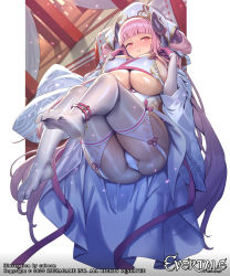 1girl artist_name ass blunt_bangs blush breasts cleavage commentary_request company_connection copyright_name cuboon dress dutch_angle elbow_gloves evertale from_below full_body garter_straps gloves half-closed_eyes hat highres horns large_breasts legs_up lips logo long_hair looking_at_viewer lying official_art on_back panties parted_lips pink_eyes pink_hair rei_(evertale) shiny_clothes shiny_skin simple_background solo thighhighs thighs underwear wedding_dress white_dress white_panties white_thighhighs rating:Sensitive score:40 user:danbooru
