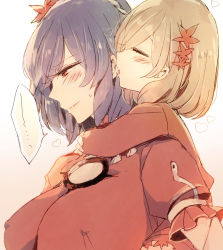 2girls age_difference aki_shizuha arms_around_neck blonde_hair blue_hair blush breasts bura child closed_eyes ear_licking frills gradient_background hair_ornament heart highres large_breasts licking multiple_girls onee-loli open_mouth red_eyes short_hair sweatdrop tongue tongue_out touhou yasaka_kanako yuri rating:Sensitive score:23 user:Sex._Furius