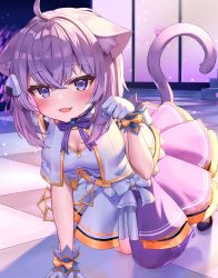  1girl ahoge alternate_costume animal_ear_fluff animal_ears arm_support bangs breasts cat_ears cat_tail cleavage deaver eyebrows_visible_through_hair fang food_themed_hair_ornament gloves hair_ornament highres hololive kneeling looking_at_viewer medium_breasts nekomata_okayu onigiri_hair_ornament open_mouth paw_pose purple_eyes purple_hair purple_skirt short_hair skirt smile solo tail virtual_youtuber white_gloves 