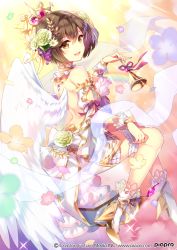  1girl angel_wings bare_back bare_shoulders bell blurry blurry_foreground brown_eyes brown_hair cloud commentary crown crypton_future_media daisy depth_of_field detached_sleeves dress eighth_note flower food from_behind fruit gold_trim grapes hair_flower hair_ornament hatsune_miku_graphy_collection high_heels holding holding_bell kurisu_sai laurels looking_at_viewer looking_back meiko_(vocaloid) musical_note official_art open_mouth piapro rainbow ribbon rose short_hair sitting sky smile solo sunlight thigh_strap vocaloid white_dress wings wrist_cuffs wristband  rating:General score:4 user:danbooru