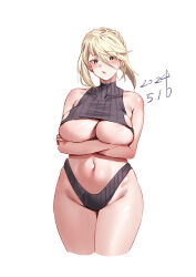 1girl absurdres artoria_pendragon_(fate) artoria_pendragon_(lancer_alter)_(fate) black_bodysuit blonde_hair bodysuit braid breasts collect2233 crown_braid fate/grand_order fate_(series) hair_between_eyes highres huge_breasts long_hair looking_at_viewer navel revealing_clothes ribbed_bodysuit solo turtleneck turtleneck_bodysuit underboob yellow_eyes 