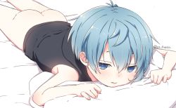 1boy ass blue_eyes blue_hair bottomless looking_at_viewer lying male_focus on_stomach original os_(os_fresa) parted_lips pillow shota solo souta_(os) twitter_username rating:Questionable score:87 user:Dweenie