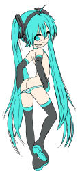 1girl absurdres aqua_eyes aqua_hair aqua_necktie aqua_panties ass black_footwear blush boots chon_law detached_sleeves from_behind hatsune_miku headset highres loli long_hair long_sleeves looking_at_viewer looking_back necktie panties panty_pull simple_background smile solo striped_clothes striped_panties thigh_boots thighhighs topless twintails underwear very_long_hair vocaloid white_background  rating:Explicit score:38 user:ChonLaw