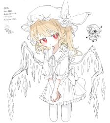  2girls back_bow bat_wings blonde_hair bow collared_shirt cropped_legs flandre_scarlet frilled_shirt_collar frills hat head_tilt large_bow lineart looking_at_viewer medium_hair mob_cap multiple_girls one_eye_closed one_side_up osakanadream own_hands_together partially_colored pout puffy_short_sleeves puffy_sleeves red_eyes remilia_scarlet shirt short_sleeves siblings sisters skirt touhou vest wings 
