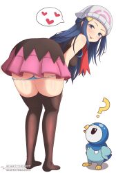  1girl ass ass_focus bare_shoulders bent_over black_dress blue_eyes blue_hair breasts clothing_aside creatures_(company) dawn_(pokemon) dress feet game_freak gen_4_pokemon hair_ornament hairclip hands_on_own_knees hat heart highres leaning_forward long_hair medium_breasts miniskirt mizmillificent nintendo paid_reward_available panties panties_around_leg panties_aside pink_skirt piplup pokemon pokemon_dppt presenting question_mark scarf simple_background skirt thick_thighs thighhighs thighs tongue tongue_out underwear 