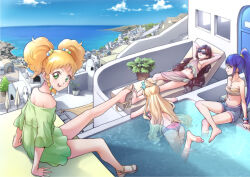  4girls :p afloat aikatsu!_(series) aikatsu_stars! arm_pillow arm_support armpits arms_at_sides arms_behind_head ass barefoot bikini bikini_shorts blonde_hair blue_hair blue_sky blush bow bracelet braid breasts brown_hair city cityscape cloud day earrings foot_dangle greece green_eyes hair_bobbles hair_bow hair_ornament halterneck highres horizon jewelry kasumi_yozora kisaragi_tsubasa long_hair looking_at_viewer looking_away lying medium_breasts multicolored_hair multiple_girls necklace nikaido_yuzu ocean ogry_ching on_back outdoors outstretched_leg partially_submerged plant plantar_flexion ponytail pool potted_plant purple_hair reclining sandals santorini_(greece) scenery shiratori_hime shoe_dangle shorts side_braid single_braid sitting sky small_breasts smile soaking_feet soles strapless strapless_bikini summer sunbathing sunglasses swimsuit tongue tongue_out topknot twintails very_long_hair water wavy_hair yellow_eyes  rating:Sensitive score:13 user:danbooru