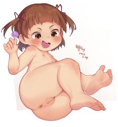  1girl anus ass ass_focus barefoot blush brown_eyes brown_hair candy cleft_of_venus completely_nude dated fat_mons feet feet_together female_focus fingernails flat_chest food foot_focus full_body holding holding_candy holding_food holding_lollipop innerkey_(kgfw5338) legs loli lollipop looking_down lying marui_mitsuba medium_hair mitsudomoe nipples no_shoes no_socks nude open_mouth plump pussy shiny_skin signature simple_background smile soles solo teeth thick_thighs thighs toenails toes tongue twintails uncensored white_background  rating:Explicit score:672 user:SirGalatzia