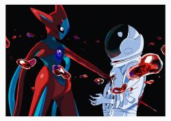 absurdres alien artist_request astronaut black_background blood creatures_(company) death deoxys deoxys_(attack) expressionless game_freak gen_3_pokemon helmet highres injury looking_at_another mythical_pokemon nintendo no_mouth pokemon pokemon_(creature) tentacles violence