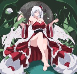  1girl bare_shoulders barefoot breasts cleavage demon_wings detached_sleeves dress flower full_moon grey_eyes grey_hair hair_bobbles hair_ornament highres jewelry long_hair moon multiple_wings nukekip plant red_dress ring shinki_(touhou) side_ponytail touhou touhou_(pc-98) vines white_flower white_wings wings 