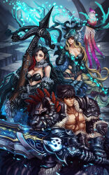 1boy 2girls armor arrow_trigger bird black_hair blonde_hair bow bow_(weapon) breasts crossbow dragon_blaze hair_bow headdress highres holding holding_crossbow holding_staff holding_sword holding_weapon huge_weapon l_axe large_breasts manalandy multicolored_hair multiple_girls muscular muscular_male red_bow red_eyes red_hair scar scar_on_chest scar_on_face scar_on_nose staff storm_bear sword weapon