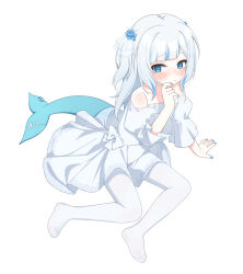  1girl absurdres alternate_costume arm_support bare_shoulders blue_eyes blue_nails blush commentary dress finger_to_mouth fins fish_tail flower from_above full_body gawr_gura hair_flower hair_ornament highres hololive hololive_english korean_commentary looking_to_the_side multicolored_hair no_shoes pantyhose pursed_lips shark_girl shark_tail soles solo streaked_hair tail two_side_up ugaaaa1 virtual_youtuber white_background white_dress white_hair white_pantyhose white_theme 