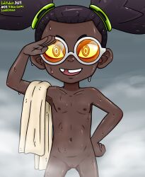  1girl 2023 absurdres artist_name brown_hair cleft_of_venus collarbone completely_nude cowboy_shot dark-skinned_female dark_skin female_focus flat_chest glasses groin hair_ornament hand_on_own_hip highres lewdlhama loli looking_at_viewer luna_(omega_strikers) missing_tooth nipples nude omega_strikers on_shoulder pussy salute smile solo standing steam straight-on teeth textless_version tooth_gap towel_on_one_shoulder two_side_up uncensored upper_teeth_only wet white-framed_eyewear 
