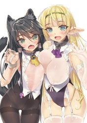 10s 2girls :d absurdres animal_ear_fluff animal_ears bare_shoulders black_hair black_legwear blonde_hair blue_eyes blush breast_press breasts cat_ears cat_tail chestnut_mouth claw_pose collar covered_erect_nipples cowboy_shot crotch_seam elbow_gloves elf flat_chest garter_belt garter_straps gloves gluteal_fold green_eyes hair_between_eyes hair_tubes hairband highleg highleg_leotard highres isekai_maou_to_shoukan_shoujo_no_dorei_majutsu large_breasts leotard long_hair looking_at_viewer lower_body metal_collar multiple_girls nail_polish navel open_mouth pantyhose pointy_ears rem_galleu see-through shera_l._greenwood simple_background skindentation slave smile standing swept_bangs tail thigh_gap thighband_pantyhose thighhighs tsurusaki_takahiro uvula very_long_hair white_background white_gloves white_legwear rating:Questionable score:187 user:danbooru