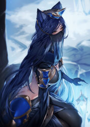  1girl animal_ears back_cutout bad_anatomy black_hair breasts butt_crack cleavage clothing_cutout from_above genyaky gloves granblue_fantasy hand_on_own_thigh headgear highres historiath_(granblue_fantasy:_relink) large_breasts long_hair looking_to_the_side mouth_veil sitting solo veil y_shaped_butt_crack yellow_eyes 