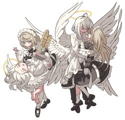  2girls angel angel_wings apron bad_id bad_twitter_id bag baguette barefoot black_dress black_footwear blonde_hair bread closed_eyes closed_mouth dress feathered_wings food frilled_apron frilled_dress frills full_body highres holding holding_bag inactive_account long_hair long_sleeves looking_at_another maid maid_headdress meremero multiple_girls multiple_views multiple_wings original paper_bag shoes short_hair simple_background socks standing traditional_halo white_apron white_background white_hair white_socks white_wings wings 