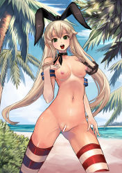 10s 1girl anchor bad_id bad_pixiv_id bar_censor beach black_panties blonde_hair breasts bush censored elbow_gloves gloves green_eyes hair_ornament highres kantai_collection long_hair looking_at_viewer navel nipples open_mouth panties pussy qbspdl shimakaze_(kancolle) smile solo striped_clothes striped_thighhighs thighhighs tongue underwear rating:Explicit score:45 user:danbooru