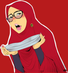  1girl absurdres female_pervert glasses highres hijab hijabolic jewelry looking_at_viewer open_mouth pervert red_background ring simple_background upper_body 