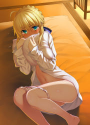1girl ahoge artoria_pendragon_(all) artoria_pendragon_(fate) bed_sheet blonde_hair blue_ribbon blush bottomless bow bow_panties braid commentary_request dress_shirt embarrassed fate/stay_night fate_(series) flying_teardrops french_braid futon green_eyes hair_between_eyes hair_ribbon holding holding_pillow indoors long_sleeves looking_at_viewer lying namonashi navel hugging_object on_bed on_side open_clothes open_shirt panties panty_pull pillow pillow_hug pussy_juice ribbon saber_(fate) shirt short_hair sidelocks solo tatami tears underwear white_shirt rating:Explicit score:63 user:danbooru