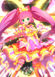  1girl :d ahoge audience blurry blurry_background bow detached_sleeves dress feet_out_of_frame frilled_thighhighs frills glowing_clothes glowstick green_eyes hair_bow heart highres idol idol_clothes legs_apart long_hair looking_at_viewer manaka_laala microphone_stand multicolored_clothes multicolored_dress open_mouth pink_bow pretty_series pripara puffy_detached_sleeves puffy_sleeves purple_hair reaching reaching_towards_viewer smile solo stage standing thighhighs twintails very_long_hair 