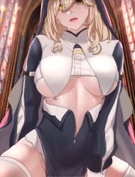 1girl agnes_(counter:side) blonde_hair breast_curtains breasts counter:side green_eyes groin heterochromia highres indoors large_breasts looking_at_viewer mmm_(ji1945) nun open_mouth solo stained_glass thighhighs underboob white_thighhighs yellow_eyes zipper_pull_tab rating:Sensitive score:40 user:danbooru
