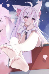  1girl absurdres animal_ear_fluff animal_ears anku bare_legs barefoot blurry cherry_blossoms cherry_tree china_dress chinese_clothes depth_of_field dress food fox_ears fox_girl fox_tail full_body full_moon highres long_hair moon multicolored_hair night original petals pink_eyes pink_hair short_sleeves streaked_hair tail two-tone_hair white_hair 