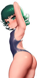  1girl armpits ass bare_arms bare_legs bare_shoulders blush breasts closed_mouth cowboy_shot curly_hair curvy female_focus green_eyes green_hair highres huge_ass loli looking_at_viewer looking_to_the_side one-piece_swimsuit one-punch_man otto shiny_clothes shiny_skin simple_background small_breasts solo swimsuit tatsumaki thighs watermark web_address white_background  rating:Questionable score:383 user:Domestic_Importer