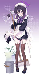  1girl alternate_costume apron black_dress black_footwear blue_archive blush brown_thighhighs bucket dress enmaided fingernails frilled_apron frills full_body garter_straps hair_between_eyes haruka_(blue_archive) hat heart kuroninsensei long_sleeves looking_at_viewer maid maid_apron medium_hair mob_cap mop open_mouth plant potted_plant purple_eyes purple_hair shoes solo thighhighs waist_apron white_apron white_hat 