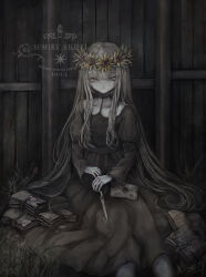  1girl blonde_hair choker commentary doll dress english_commentary expressionless flower_wreath gosick grass head_wreath highres letter letter_opener long_hair looking_at_viewer pale_skin sitting solo sumire_shisei very_long_hair yellow_eyes 