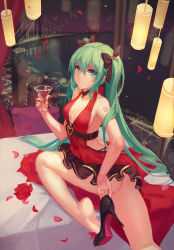1girl alcohol aqua_eyes aqua_hair ass atdan bad_anatomy bad_id bad_pixiv_id bare_arms barefoot bed black_high_heels bow breasts bridge cityscape cleavage cup dress drink drinking_glass feet flower glass hair_bow hair_ribbon hatsune_miku heart heart-shaped_pupils high_heels highres long_hair looking_at_viewer no_panties no_socks petals pink_soles pumps ribbon rose shoe_dangle shoe_soles shoes sideboob smile soles solo symbol-shaped_pupils twintails vocaloid water wine wine_glass rating:Sensitive score:60 user:danbooru