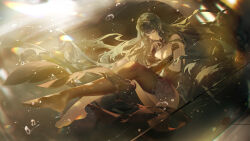  air_bubble bubble china_dress chinese_clothes chinese_commentary chouyin_vhu closed_eyes commentary_request dress floating floating_hair green_hair hair_ornament hanying_(punishing:_gray_raven) highres long_hair mechanical_arms official_art punishing:_gray_raven sleeveless sunlight underwater 