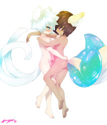  2boys absurdres androgynous animal_ears barefoot black_hair blue_eyes born-to-die cat_ears cat_tail dark_skin feet heart heart-shaped_pupils highres hug multiple_boys multiple_penises multiple_tails nude penis penises_touching purple_eyes shota simple_background symbol-shaped_pupils tail white_background white_hair yaoi  rating:Explicit score:78 user:theway
