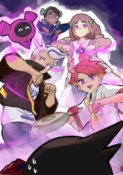  2girls 3boys amarys_(pokemon) arched_bangs black_hair blueberry_academy_school_uniform body_control braid brown_hair buttons cardigan closed_mouth coat collared_shirt creatures_(company) crispin_(pokemon) dark-skinned_female dark_skin drayton_(pokemon) eyelashes florian_(pokemon) frying_pan game_freak glasses gloves hair_ornament hairclip highres holding jacket lacey_(pokemon) long_sleeves looking_at_viewer mind_control mochi_mochi_dance multicolored_hair multiple_boys multiple_girls neckerchief nintendo open_clothes open_mouth orange_hair pants pecharunt pink_hair pokemon pokemon_(creature) pokemon_sv purple_eyes purple_hair red_gloves red_hair school_uniform semi-rimless_eyewear shake_shark3 shirt short_hair single_glove smile streaked_hair two-tone_hair white_hair white_shirt 