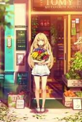 1girl apple banana bare_legs basket black_shorts blonde_hair blouse blurry bottle box can depth_of_field door english_text expressionless food food_request fruit full_body glass grapes highres holding hug jam jar juice leaf legs_apart long_hair looking_at_viewer mouth_hold open_door orange_(fruit) original outdoors paper plant poster_(object) potted_plant price road see-through shade shadow shirt shoes short_sleeves shorts solo sparkle standing storefront street tile_floor tiles time vines watermelon white_footwear white_shirt yellow_eyes yohan12  rating:Questionable score:9 user:danbooru