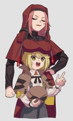  1girl angry benbe blonde_hair breast_rest breasts breasts_on_head brown_capelet capelet chest_harness deerstalker detective harness hat heaven_burns_red highres irene_redmayne large_breasts maria_de_angelis nun red_hair short_hair yellow_eyes yuri 
