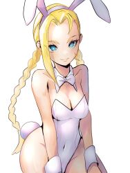  1girl animal_ears blonde_hair blue_eyes braid cammy_white detached_collar facial_scar fake_animal_ears highleg highleg_leotard highres leotard long_hair looking_at_viewer meke_(77842928) playboy_bunny rabbit_ears rabbit_tail scar scar_on_cheek scar_on_face solo strapless strapless_leotard street_fighter tail twin_braids wrist_cuffs 