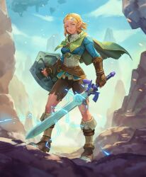  1girl blonde_hair blue_eyes blue_shirt boots braid brown_pants capelet crown_braid green_capelet hair_ornament hairclip highres holding holding_shield holding_sword holding_weapon hood hooded_capelet leather leather_boots lips looking_at_viewer marc_brunet master_sword nintendo pants pointy_ears princess_zelda shield shirt short_hair solo standing sword the_legend_of_zelda the_legend_of_zelda:_tears_of_the_kingdom torn_clothes torn_pants weapon 